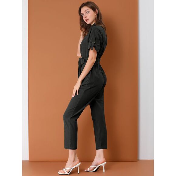 Short Sleeve Collared Cropped Button Down Tie Waist Cotton Cargo Jumpsuit Black - Picture 2 of 6